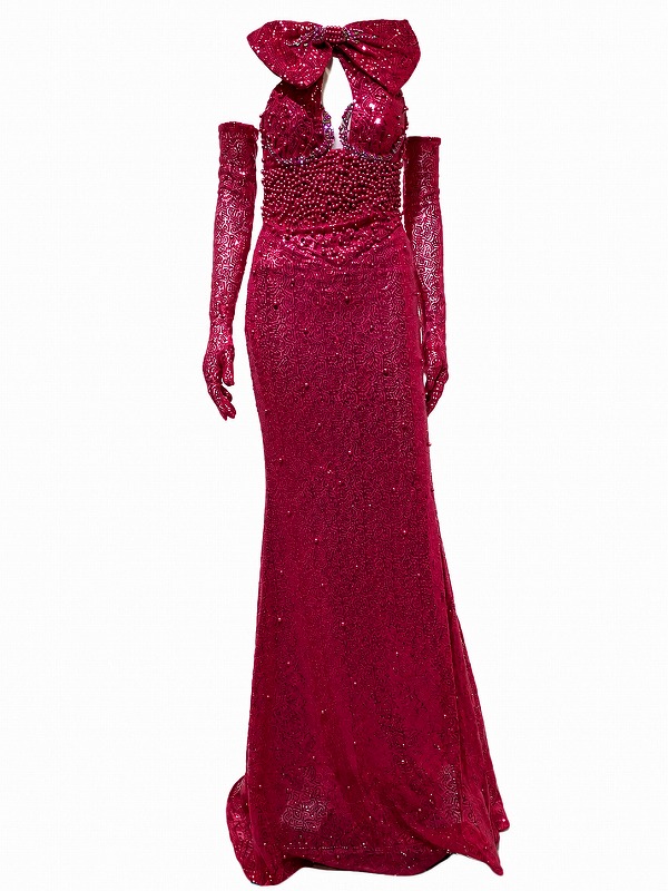 【新品DRESS 2015】総スパンコールビッグリボンモチーフグローブ付きビジューマーメイドロングドレス ピンク